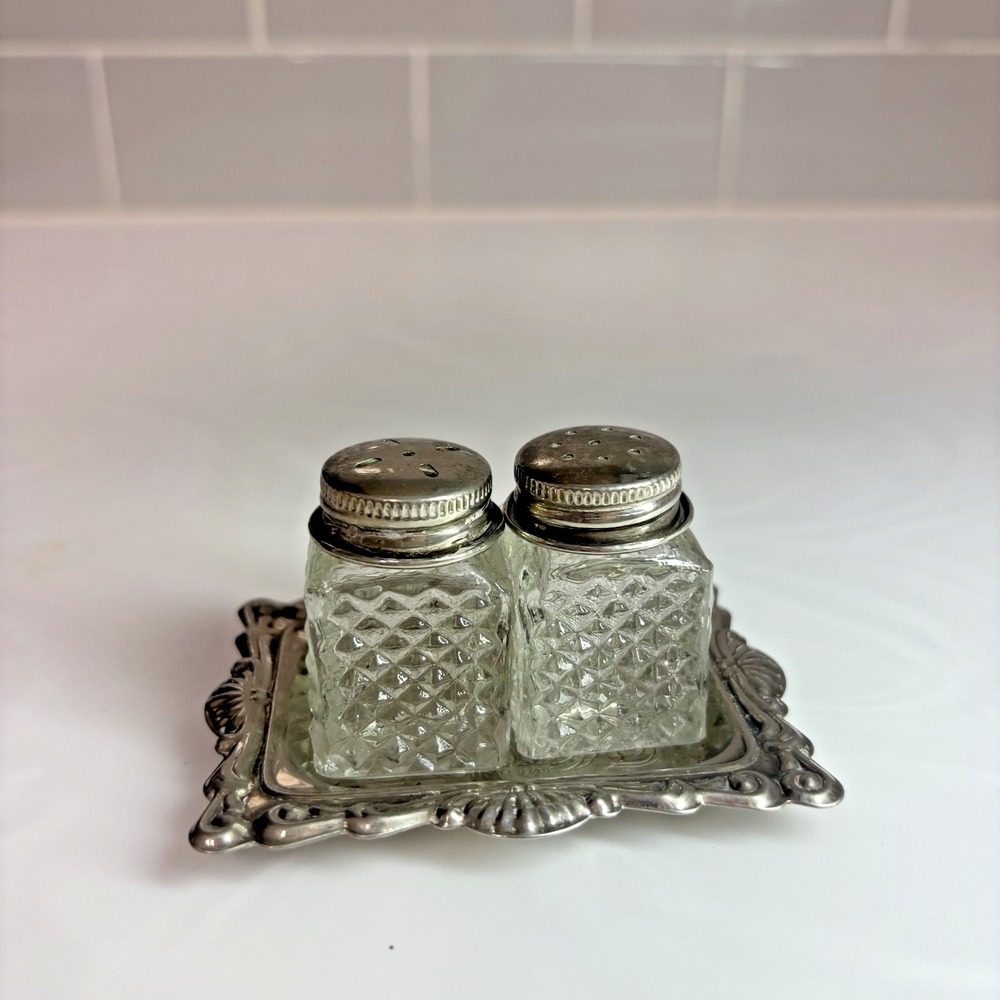 Mini Vintage Glass Salt Pepper Shakers Sterling Lids Silver Plated Tray Set
